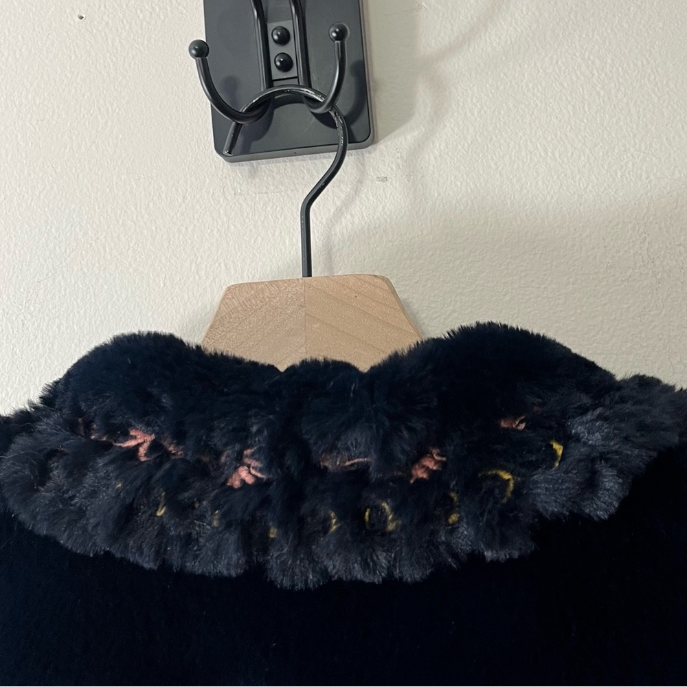 Zara Midnight Navy Embroidered Floral Plush Coat Boho Folk Romantic Faux Fur - Picture 10 of 14